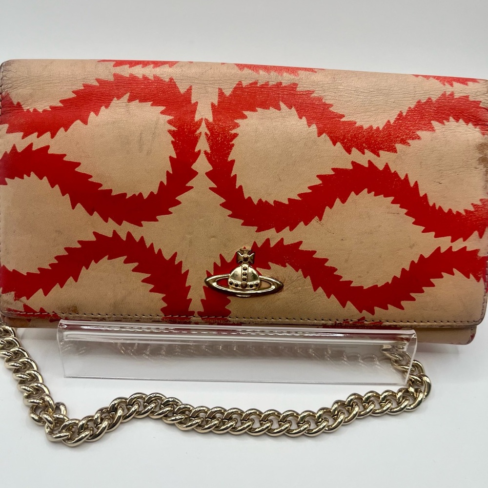 VIVIENNE WESTWOOD Red and Tan Iconic Punk Print Wallet on Chain As Is